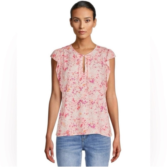 New Time & Tru Pink Floral Flutter Sleeve Boho Tank Top Loose Fit Size Small - Picture 1 of 10
